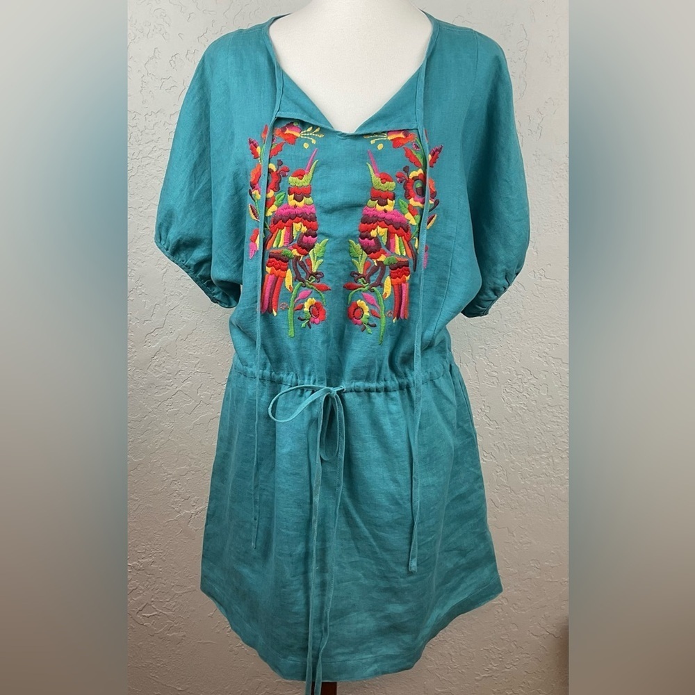 Uncle Frank Turquoise Drawstring Linen Tunic Dress Embroidered Parrots Sz Large - Picture 5 of 7